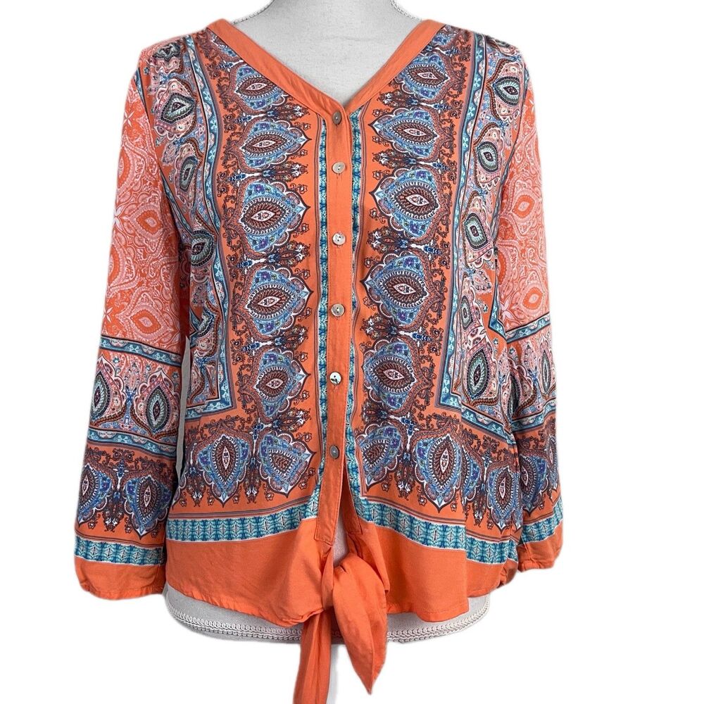 Ruby Rd. Women’s M Orange Blue Boho Paisley V-Neck Button Tie Hem Blouse Sz S